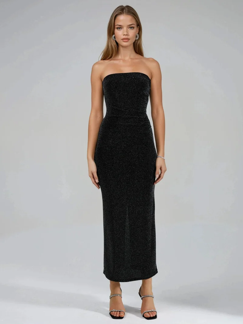 Busem Black BUSEM Shiny Strapless Bodycon Maxi Dress for Women | Best Price UAE